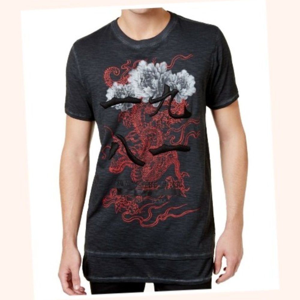 GUESS Men's Floral Dragon 1981 Long Line Fit T-Shirt Size 2XL